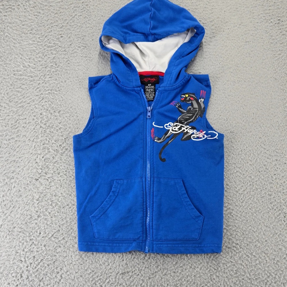 Ed Hardy Hoodie Vest Kids 4T Blue zip sleeveless panther graphic